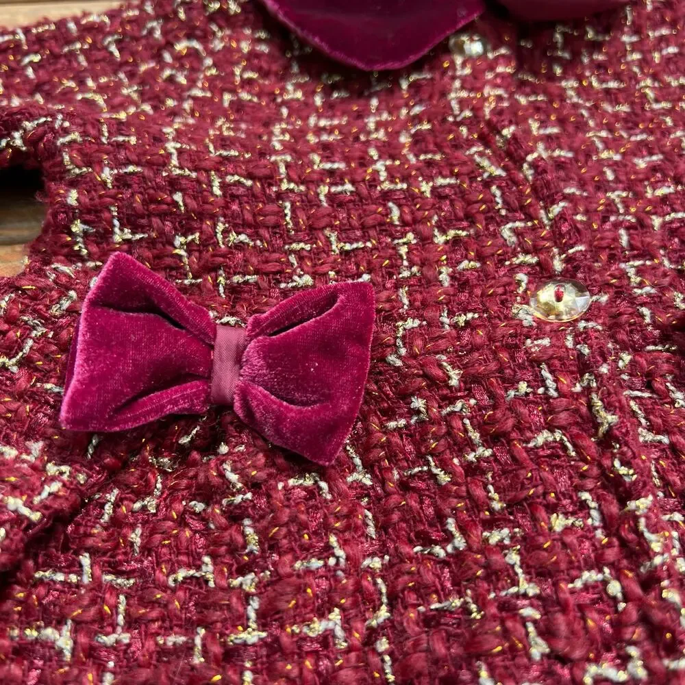 Toddler Princess Dress Coat 24M Burgundy Tweed Velvet Bow Holiday Winter Coat